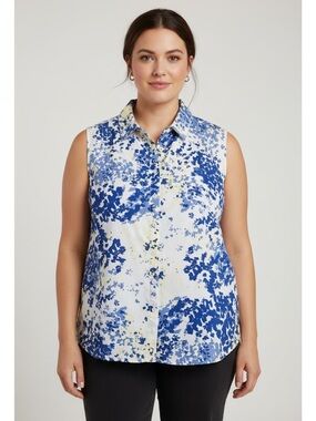 Haggar Sleeveless Blue Floral Button-Front Cotton Blouse Sz XL Beach Vacation
